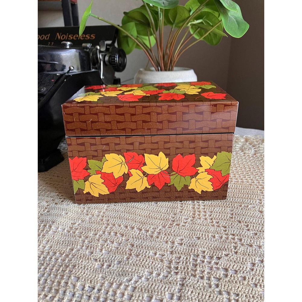 Vintage Fall Leaves Tin Recipe Box Autumn Kitchen Storage Box Metal cottagecore